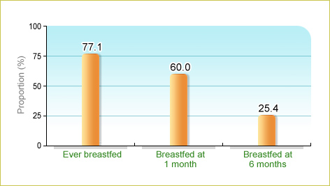 The Breastfeeding Survey conducted by the Family Health Service of the Department of Health in 2011 on 2672 local born children aged 0-5 showed that 77.1% of babies were ever breastfed, 60.0% were breastfed at 1 month and 25.4% were breastfed at 6 months.