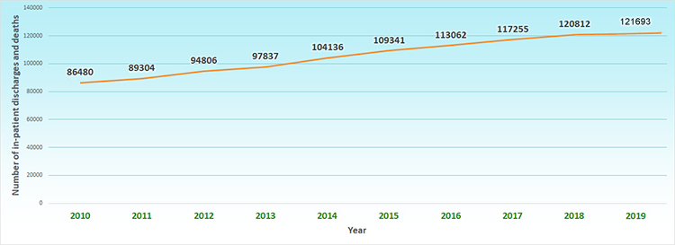 Among all in-patient discharges and deaths in all hospitals in 2019, 121,693 episodes were due to injuries, accounting for 5.4% of total in-patient discharges and deaths in that year. Among these 121,693 episodes, falls had the largest share (45,880 episodes or 37.7%).